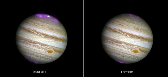 Composite images from the Chandra X-Ray Observatory and the Hubble Space Telescope show the hyper-energetic x-ray auroras at Jupiter